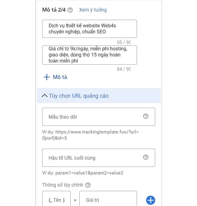 Thiết lập mô tả quảng cáo